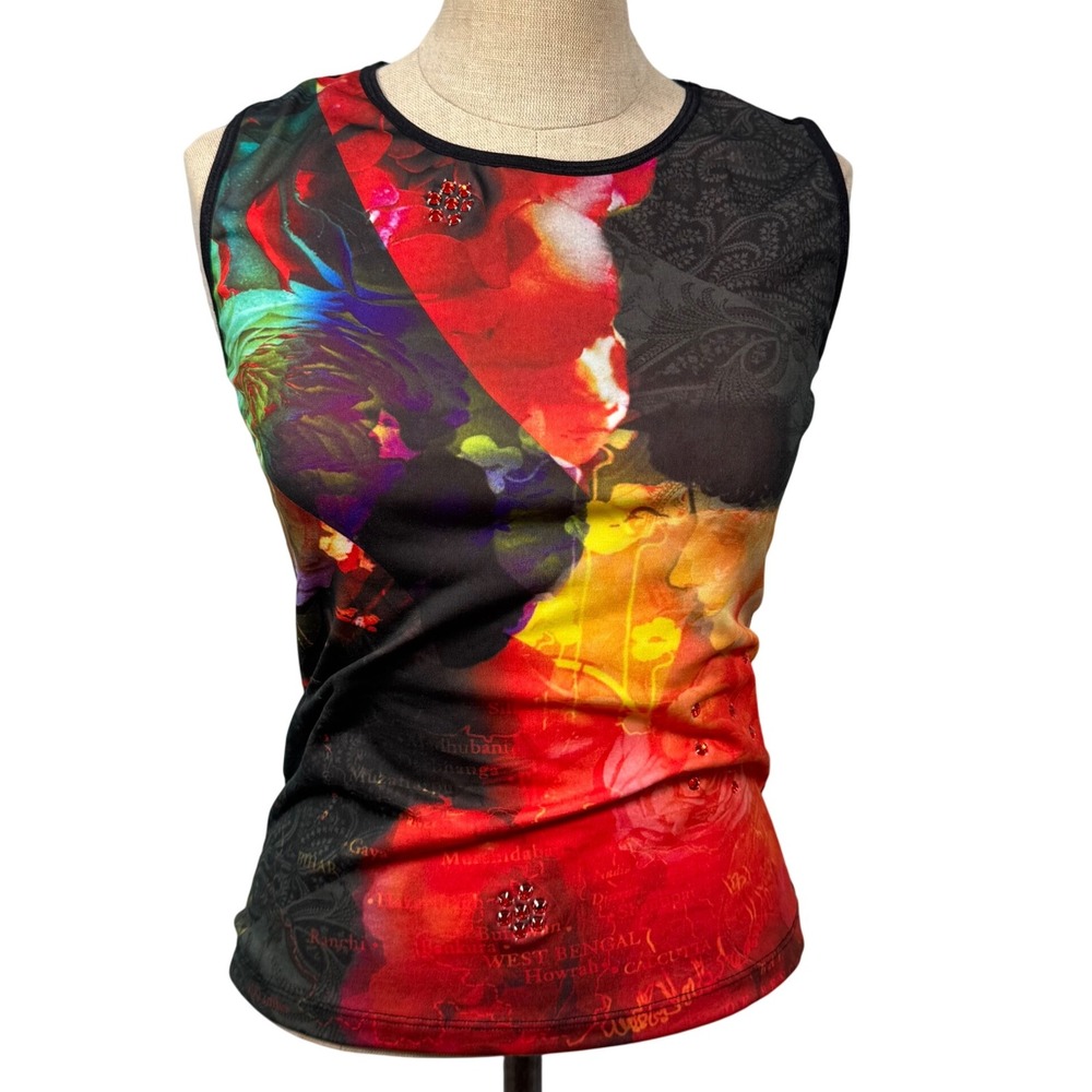 VTG Y2K Brenda's M Black Red Lace Abstract Print Tank Top Phoebe Rhinestone Goth - Picture 2 of 10